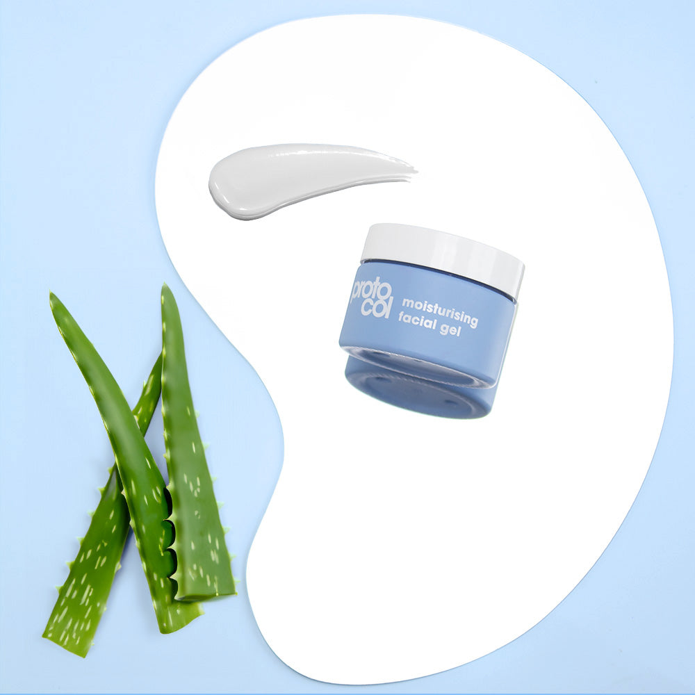 The Moisturising Facial Gel flat next to some aloe vera