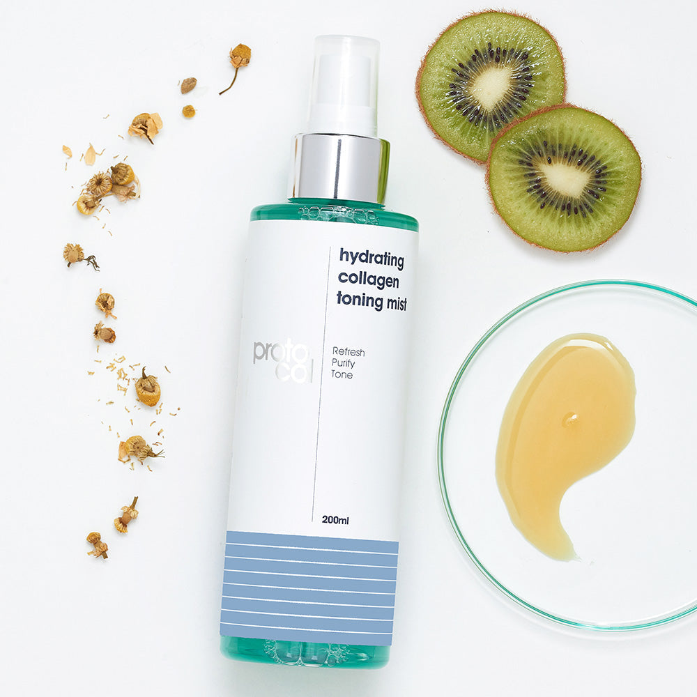 The Collagen Toning Mist flat alongside some ingredients, including kiwi